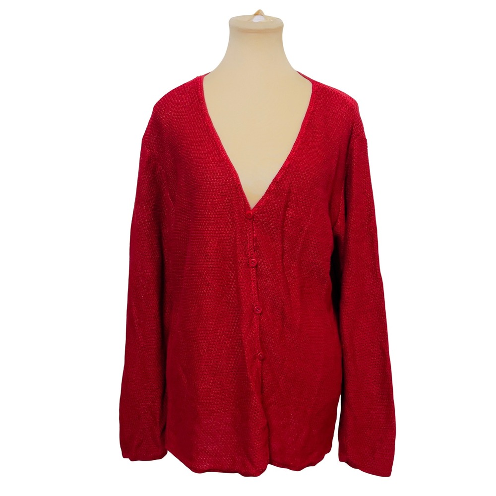 Eileen Fisher Women Red 100% Linen V-Neck Cardigan Sweater Large Preppy Casual